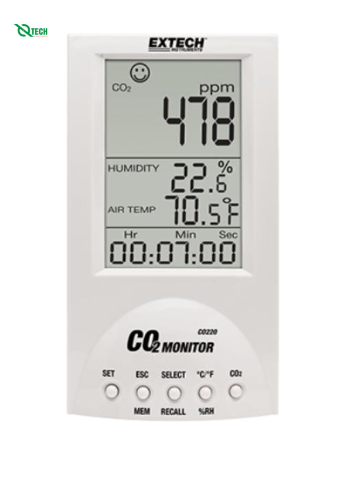 Máy đo khí CO2, nhiệt độ không khí và độ ẩm để bàn EXTECH CO220 (0~ 9999ppm/1ppm)